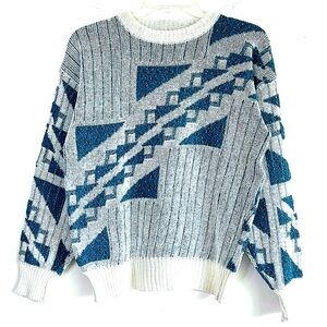 VINTAGE Teal and White Knit Pullover Sweater with Geometric Pattern size S
